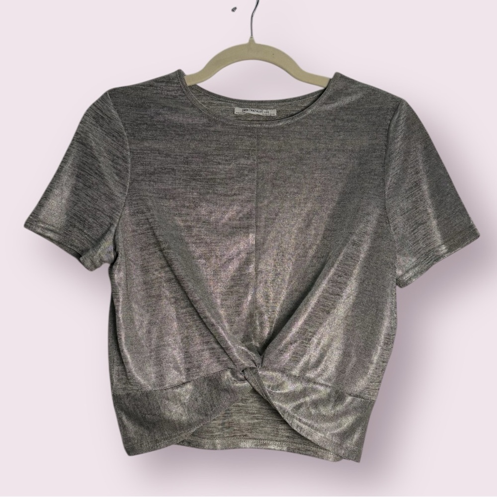 Zara Trafaluc Metallic Silver Cap Sleeve Twist Front Crop Top Size Small